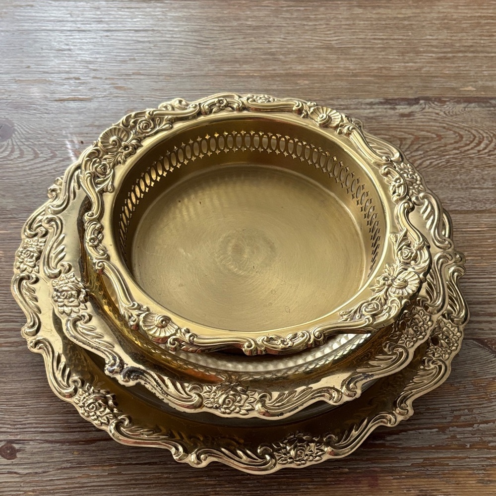 3 Brass & Gold Serving Platters & Tray